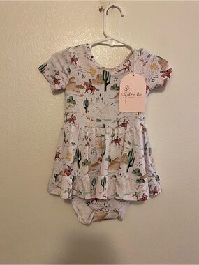 Rosie Mae and Friends Baby Dress Onesie - White with Green & Brown Print